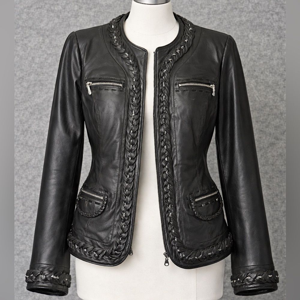 Pamela McCoy Black Braided Leather Jacket XS